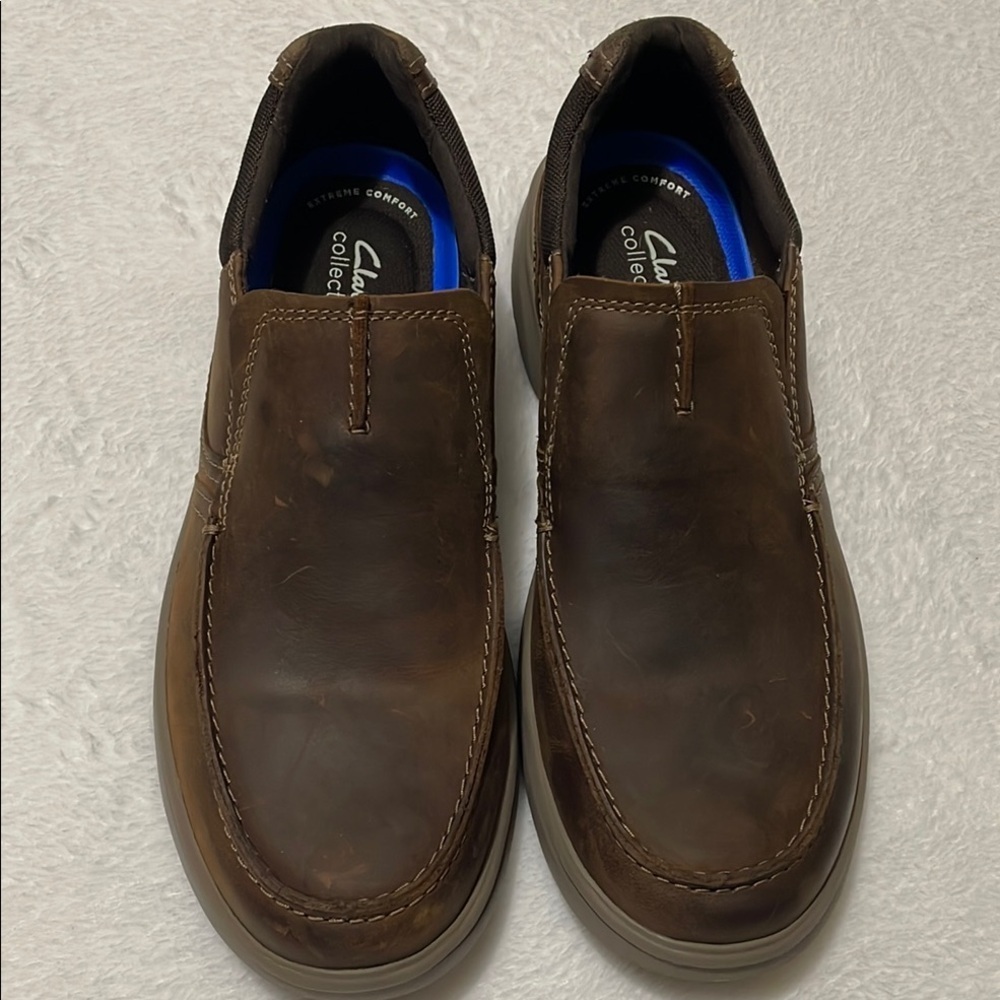 NWOB Clarks Men's Brown Leather Slip-On Shoes Sz 11W - Picture 3 of 11